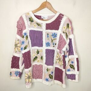 Vintage Jennifer Reed Hand Knit Floral Sweater Cotton Cottage Granny 80s